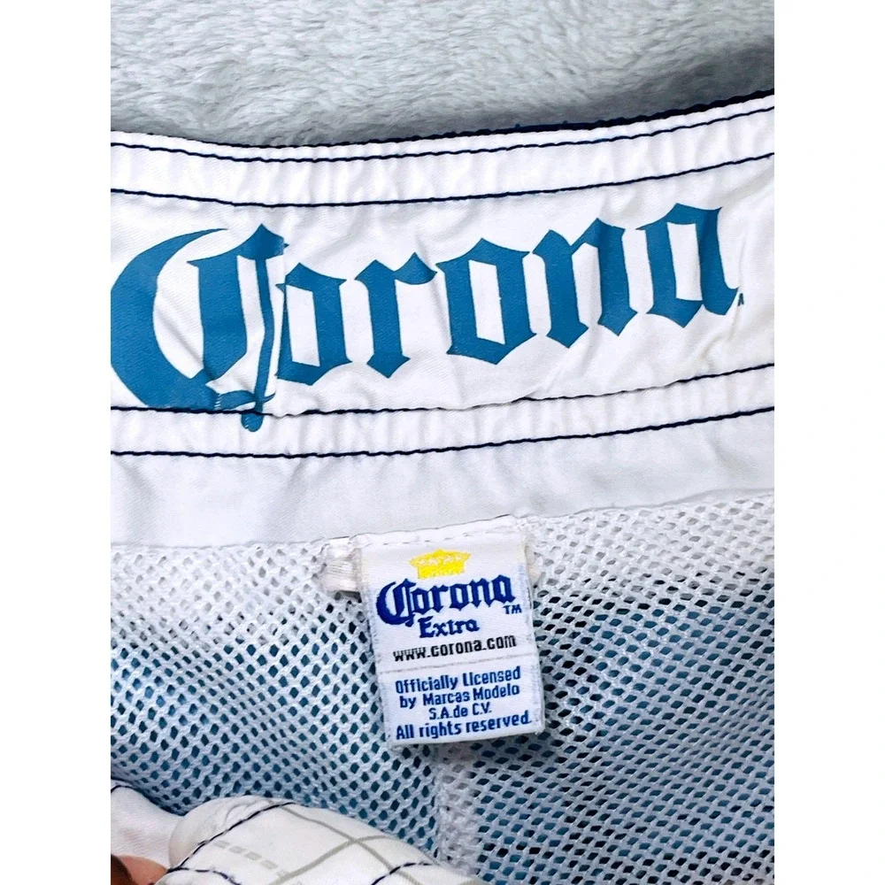 Corona Extra Board Shorts Mens 34 Blue White Grid Logo Zip Pocket Swim Trunks